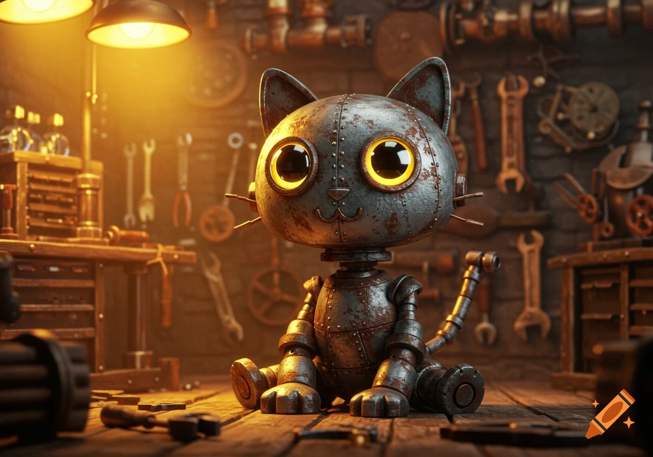 A rusted metal robot cat sits in a steampunk workshop.