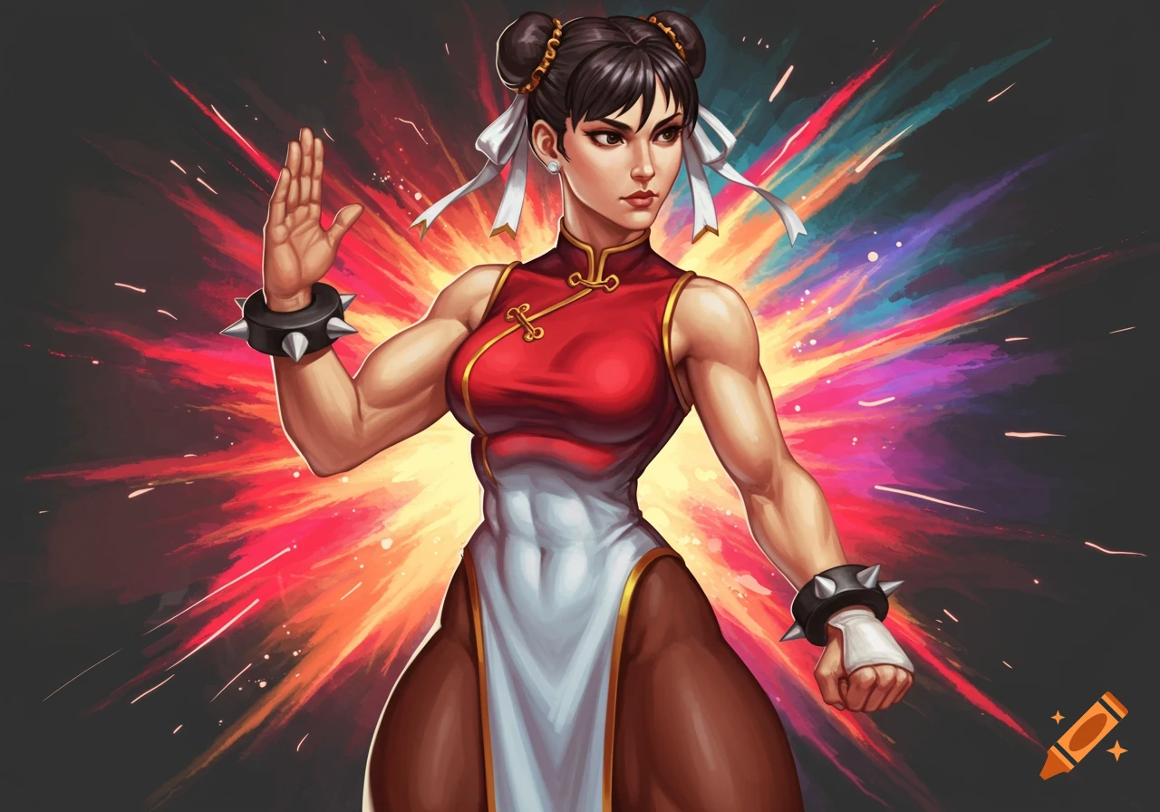 Chun-Li, a muscular woman in a red cheongsam, poses with a raised hand against a vibrant energy burst.