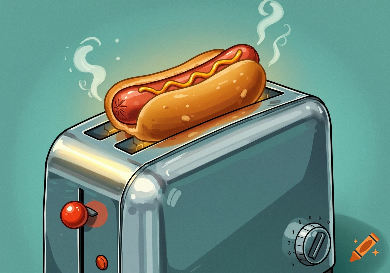 A cartoon illustration of a hot dog sitting in a toaster with steam rising.