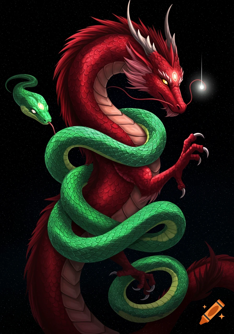 A red dragon wrapped by a green snake against a dark, starry background.