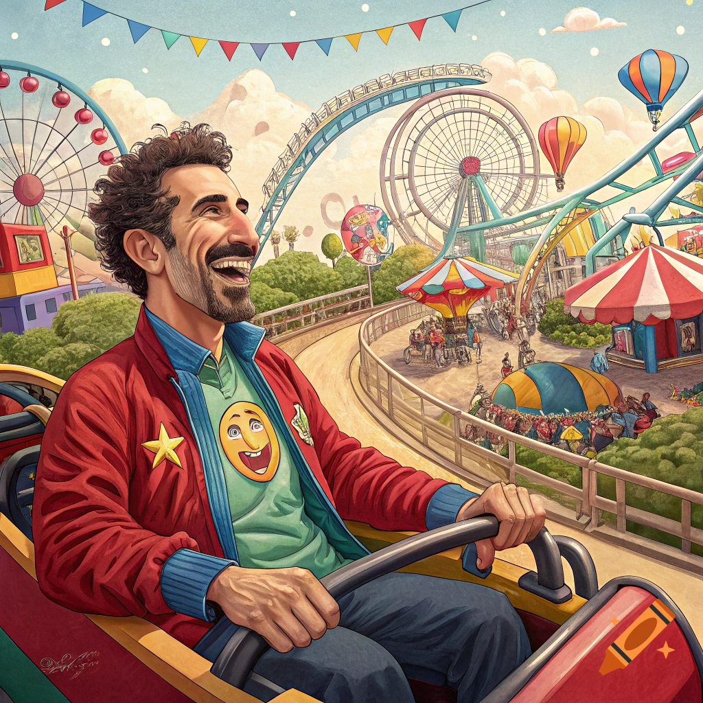 Person smiling on a roller coaster in an amusement park.