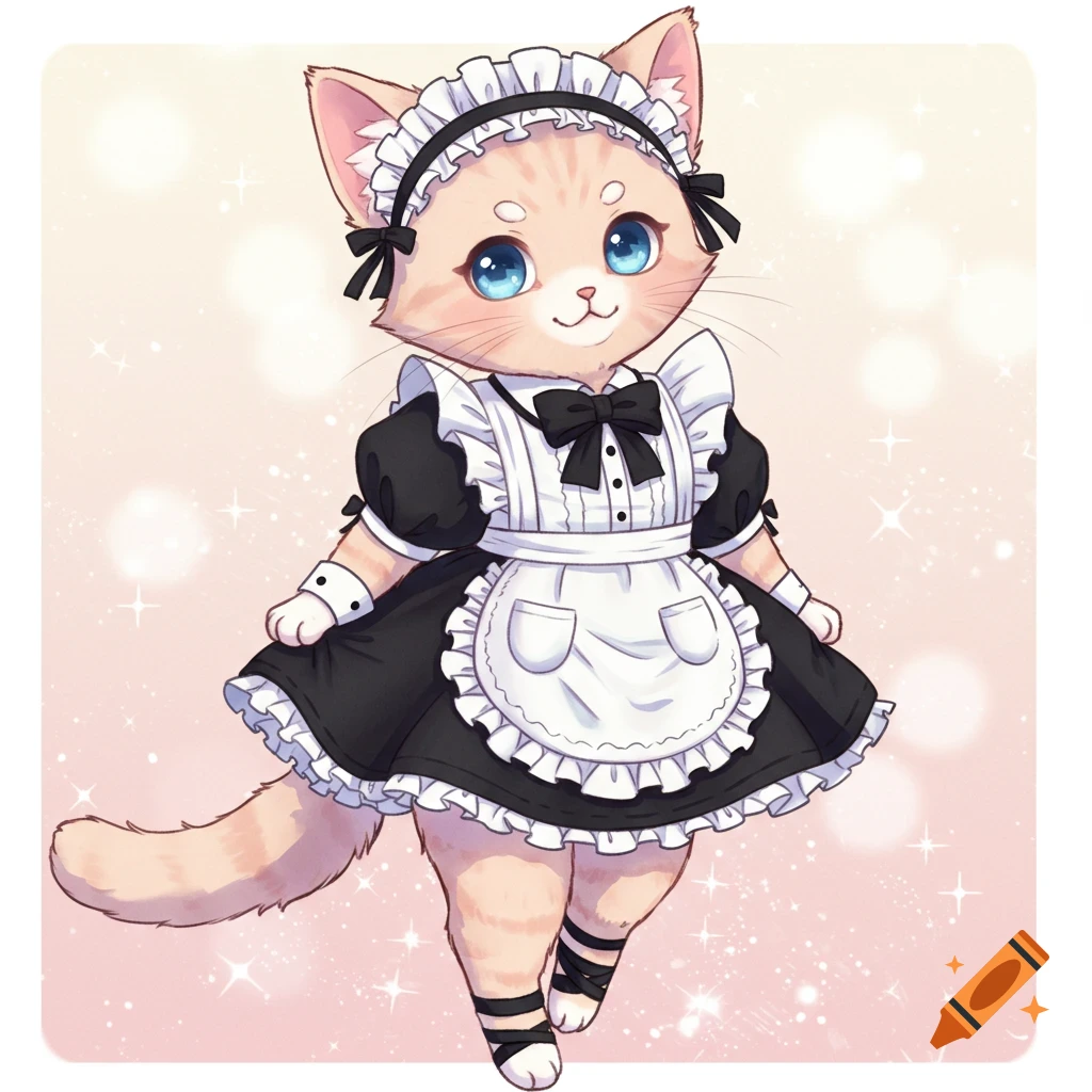A cute anime cat character wearing a black and white maid dress.