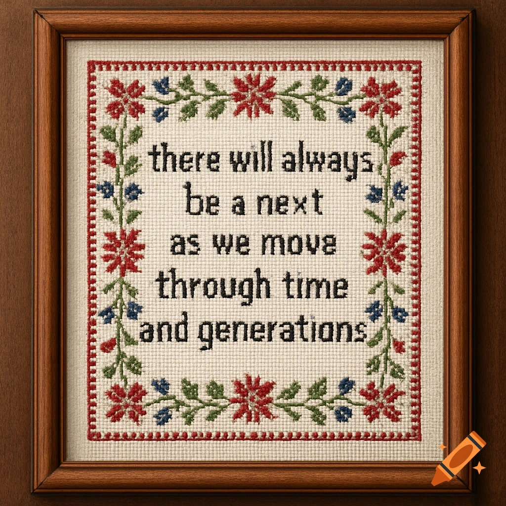 A cross-stitch sampler in a wooden frame with a quote and a floral border.