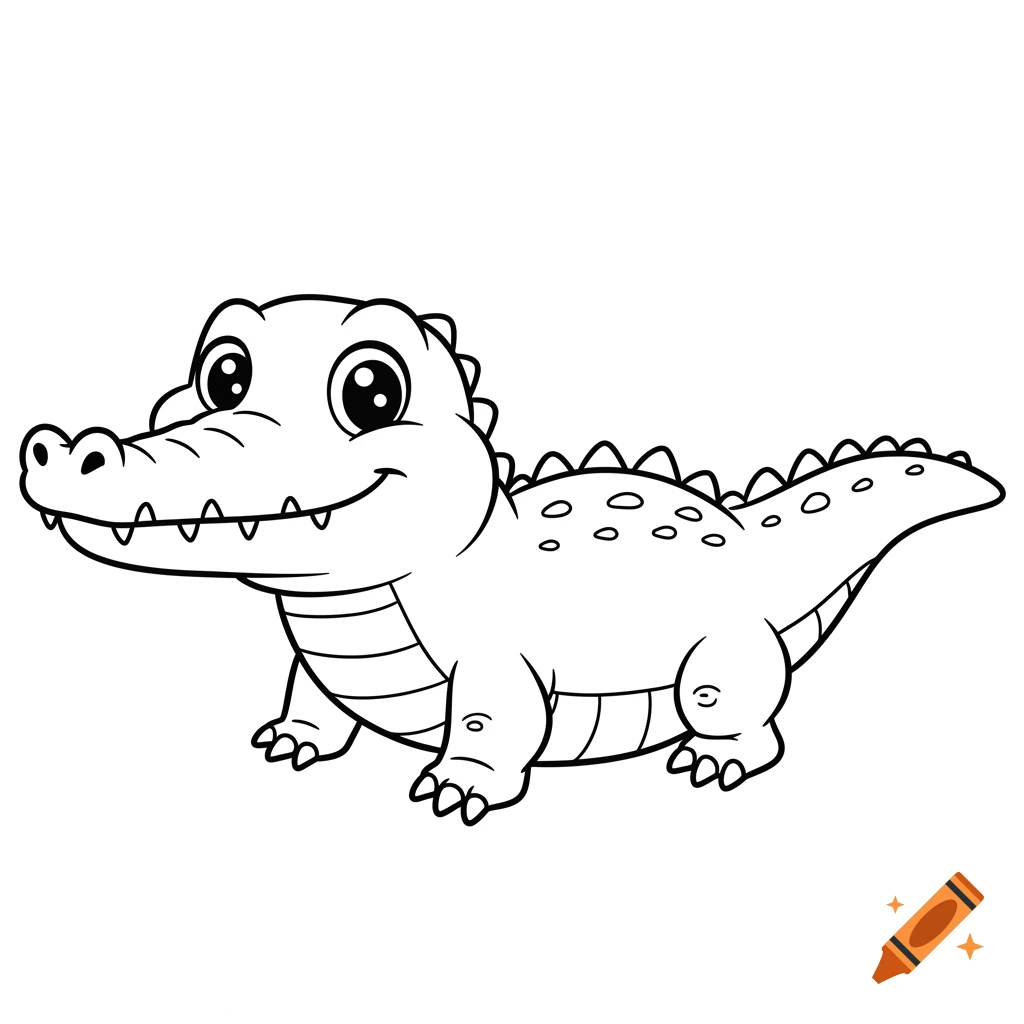 Black and white line art of a cute cartoon alligator, smiling, designed as a coloring page.