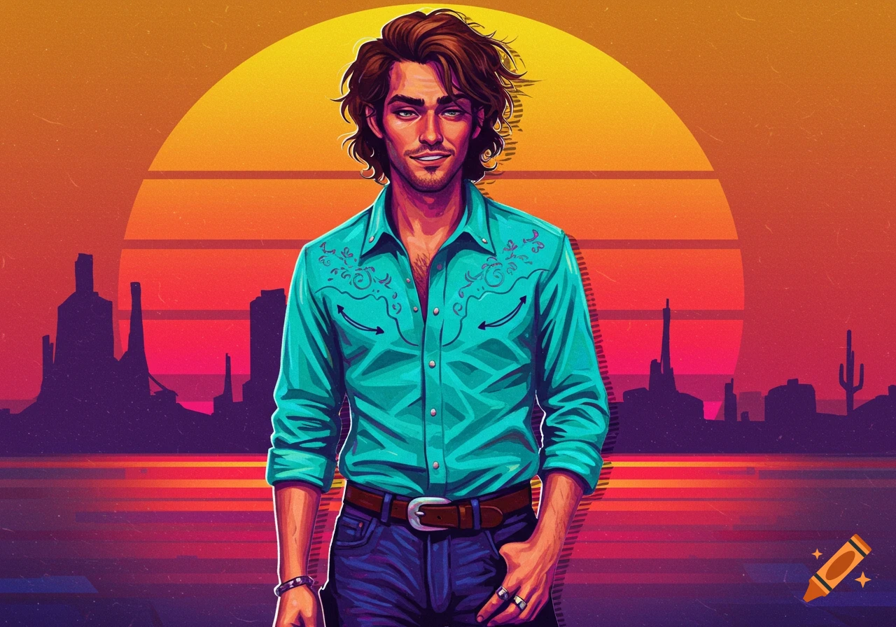A man in a cowboy shirt stands before a retro sunset and desert silhouette.