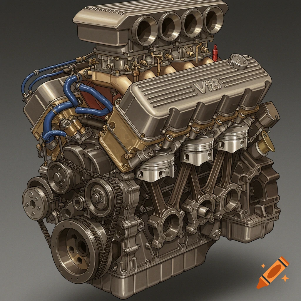 An intricately detailed V18 engine illustration showing various mechanical components, including pistons, belts, and blue hoses.