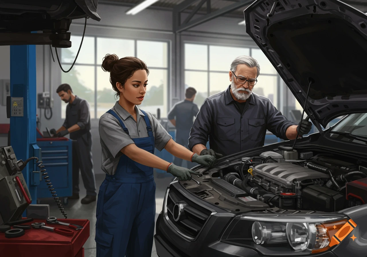 Two mechanics, a man and a woman, examine a car's engine in an auto repair garage.