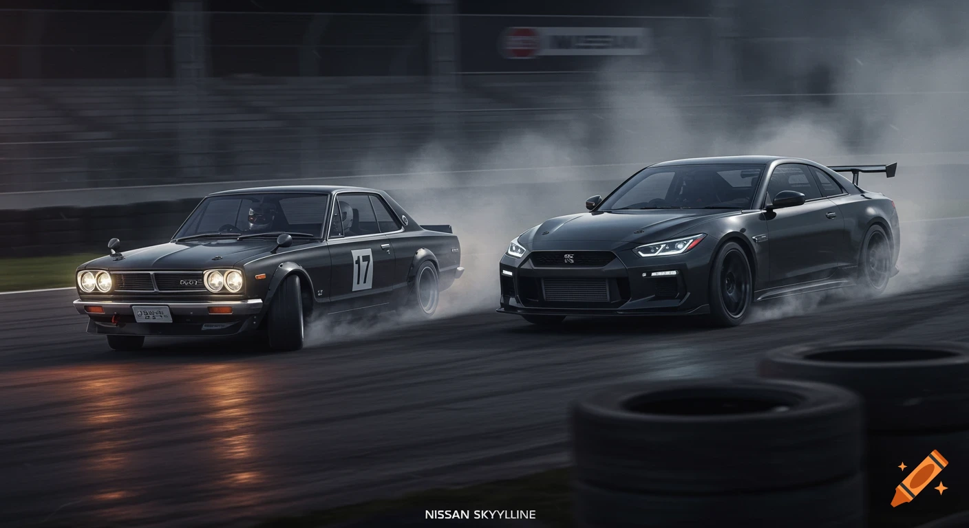 Two dark Nissan Skyline cars drift on a racetrack, smoke billowing from tires.