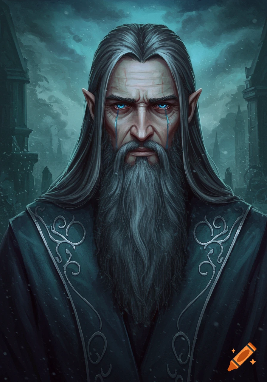 Portrait of an elderly fantasy character with long grey hair, glowing blue eyes, and pointed ears, in a gothic style snowy graveyard.
