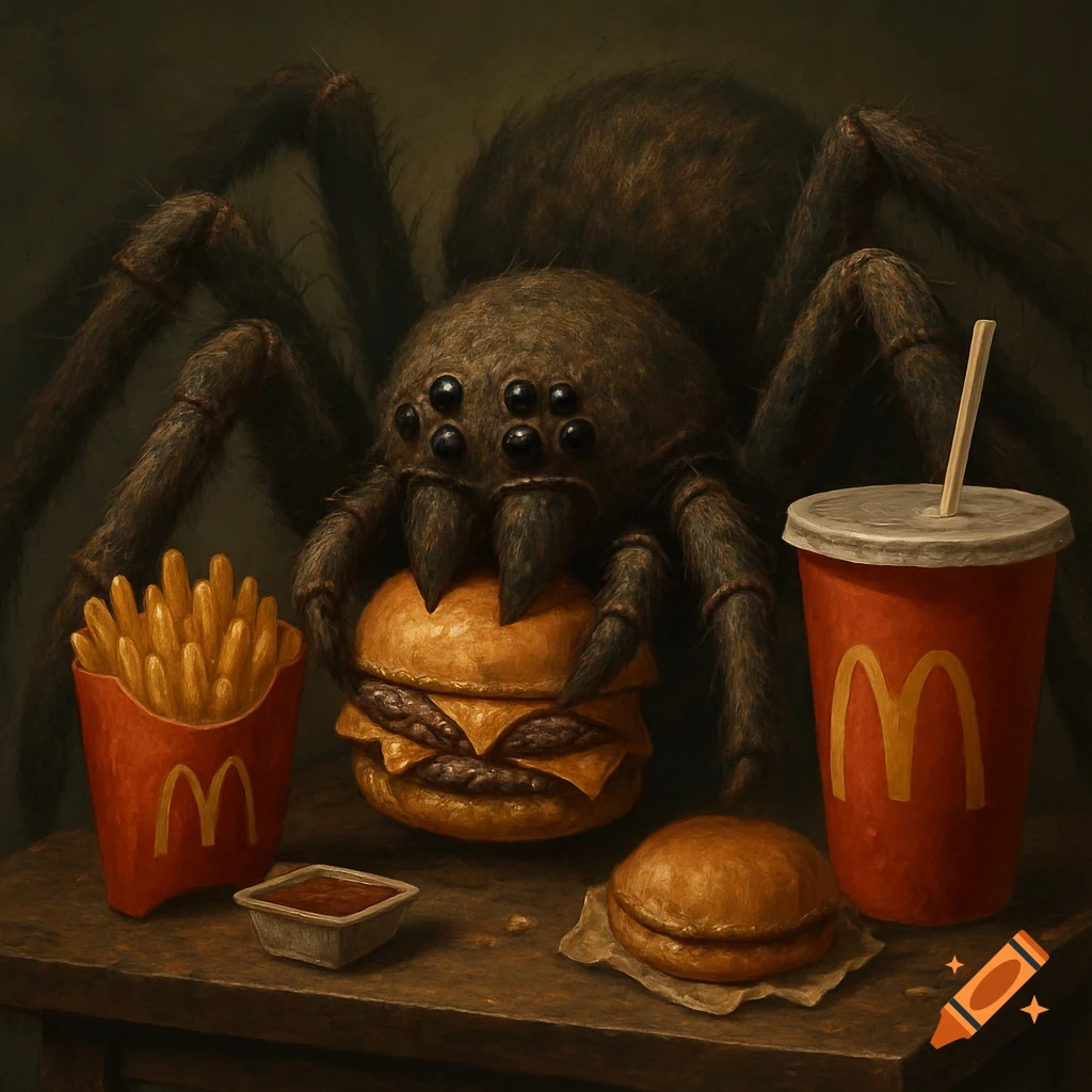 A giant tarantula-like spider eats french fries and a burger from McDonald's on a table in a dark, painterly style.