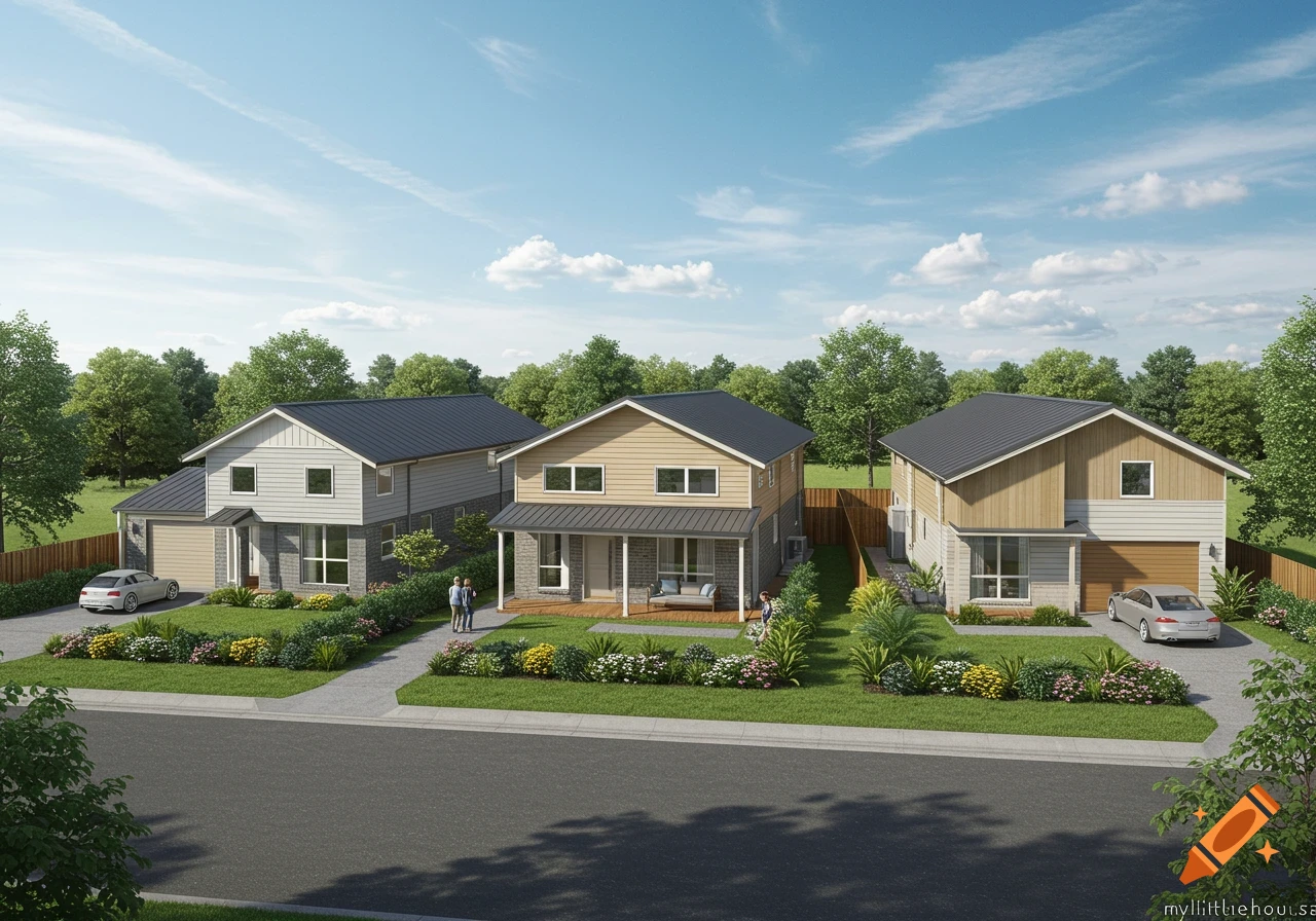 Photorealistic rendering of three modern houses with landscaped yards and cars in a suburban neighborhood.