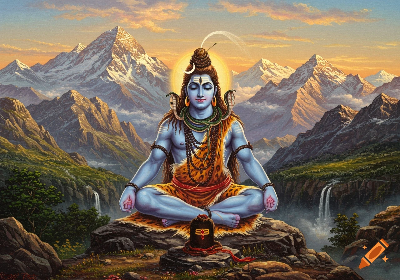 Shiva meditates on a rock in the Himalayas in a painterly style.