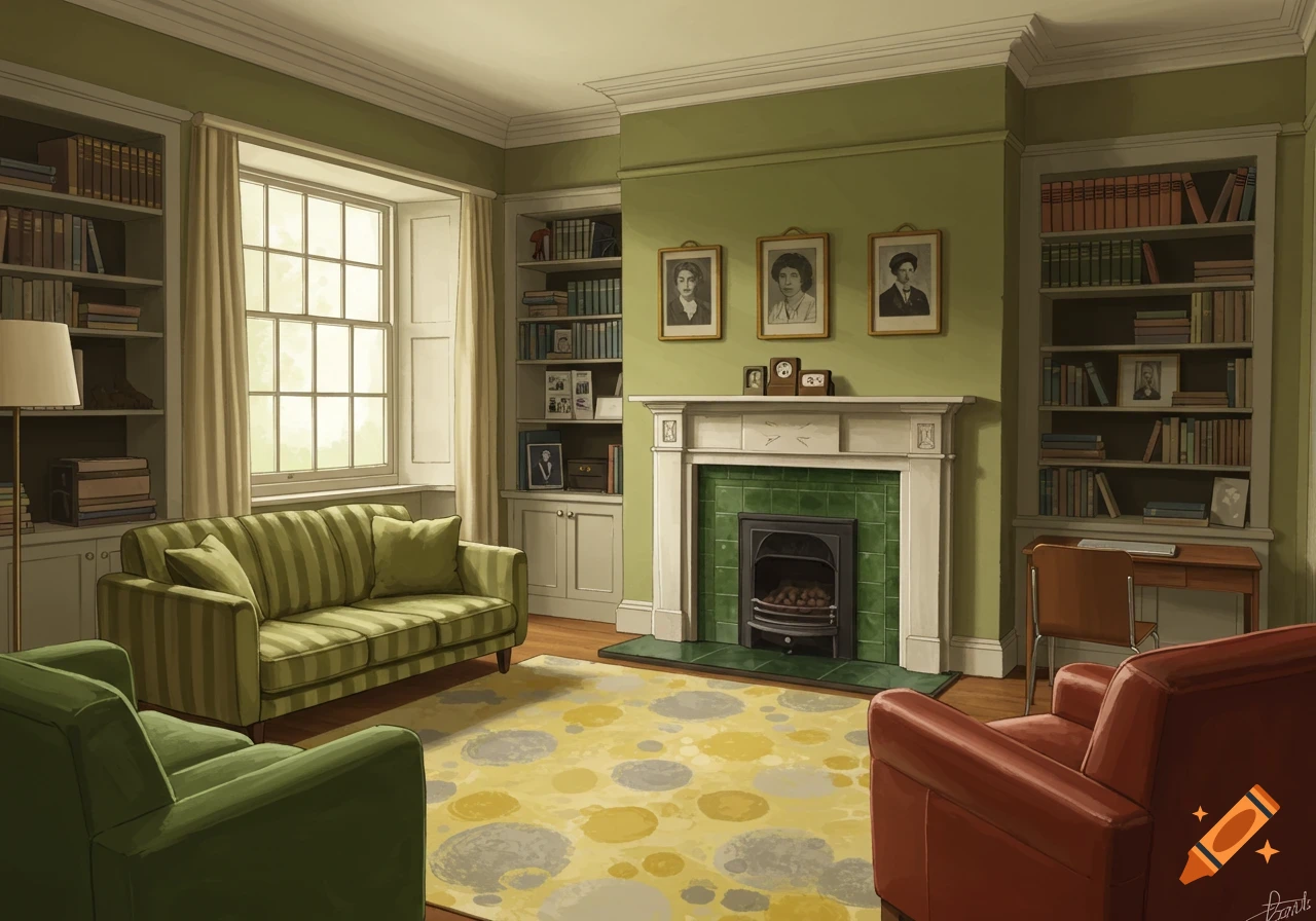 A vintage living room with green walls, a fireplace, bookshelves, a striped green sofa, a red armchair, and a yellow rug with grey circles.
