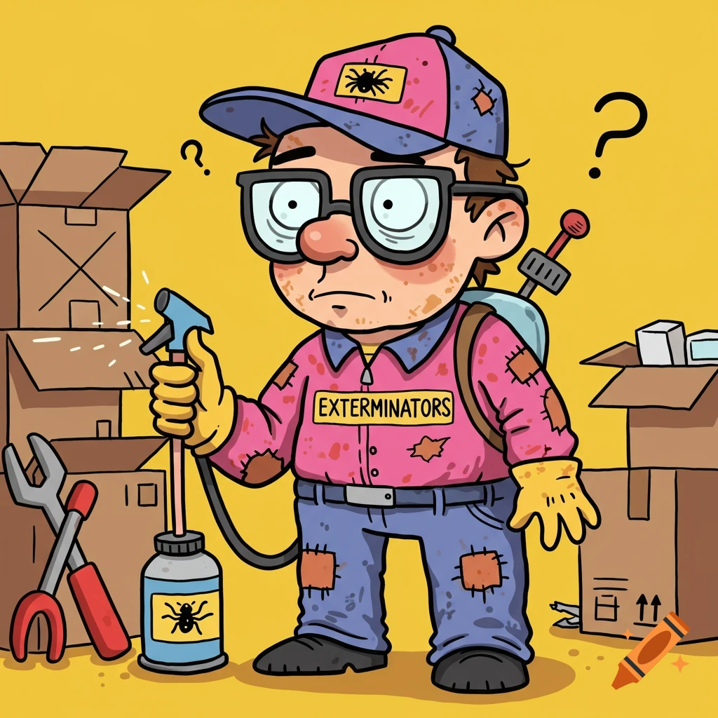 A cartoon illustration of a confused, nerdy pest control worker holding a spray bottle surrounded by boxes and tools.