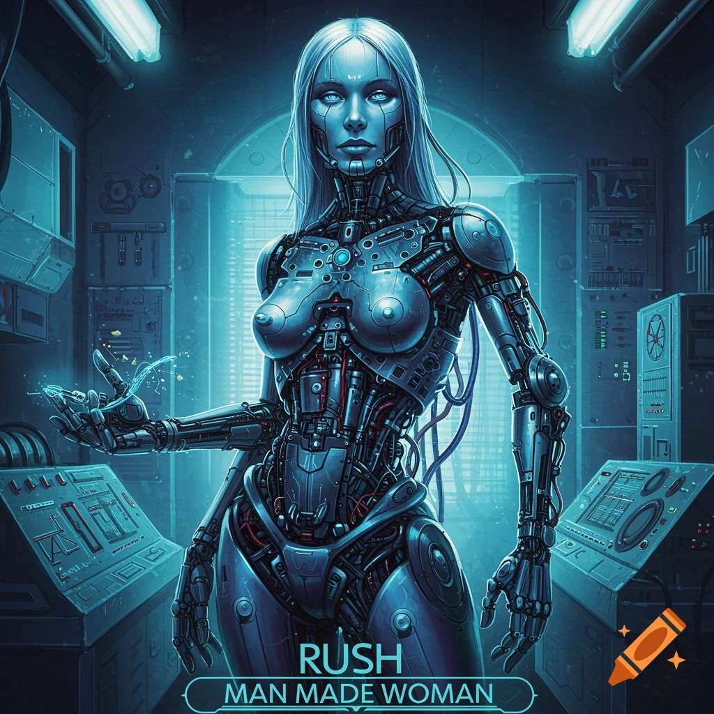A detailed robotic woman with glowing blue eyes stands in a futuristic, blue-lit lab. Text 'RUSH MAN MADE WOMAN' is at the bottom.