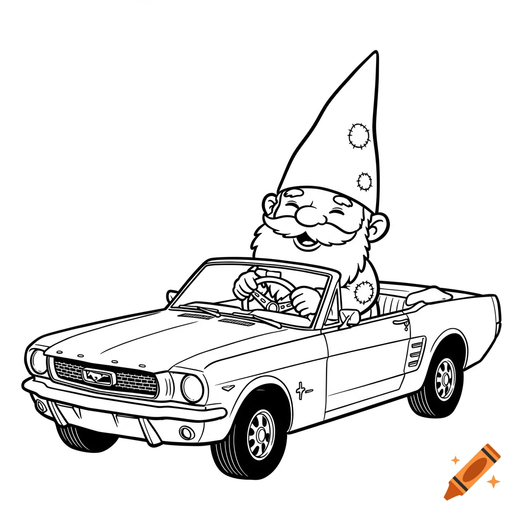 Black and white line art of a cartoon gnome driving a classic Mustang convertible.