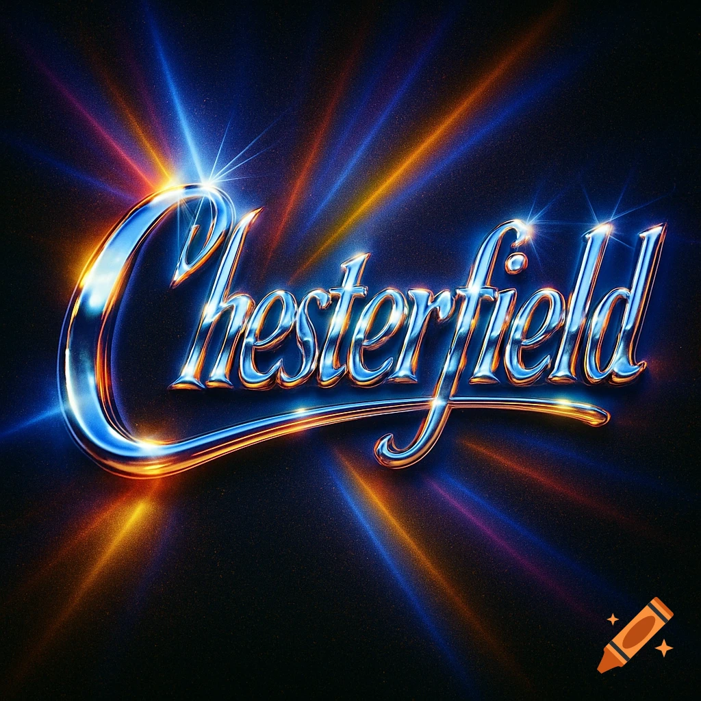 The word Chesterfield in a shiny chrome font, radiating colorful light rays on a dark background in a 1990s scanimate style.