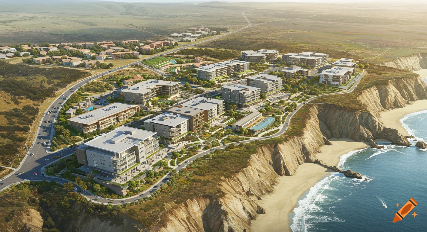 Aerial view of a modern building complex situated on cliffs overlooking a beach and the ocean.