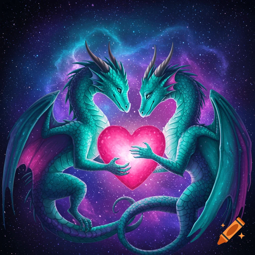 Two teal dragons hold a glowing pink heart, set against a vibrant starry cosmic background.