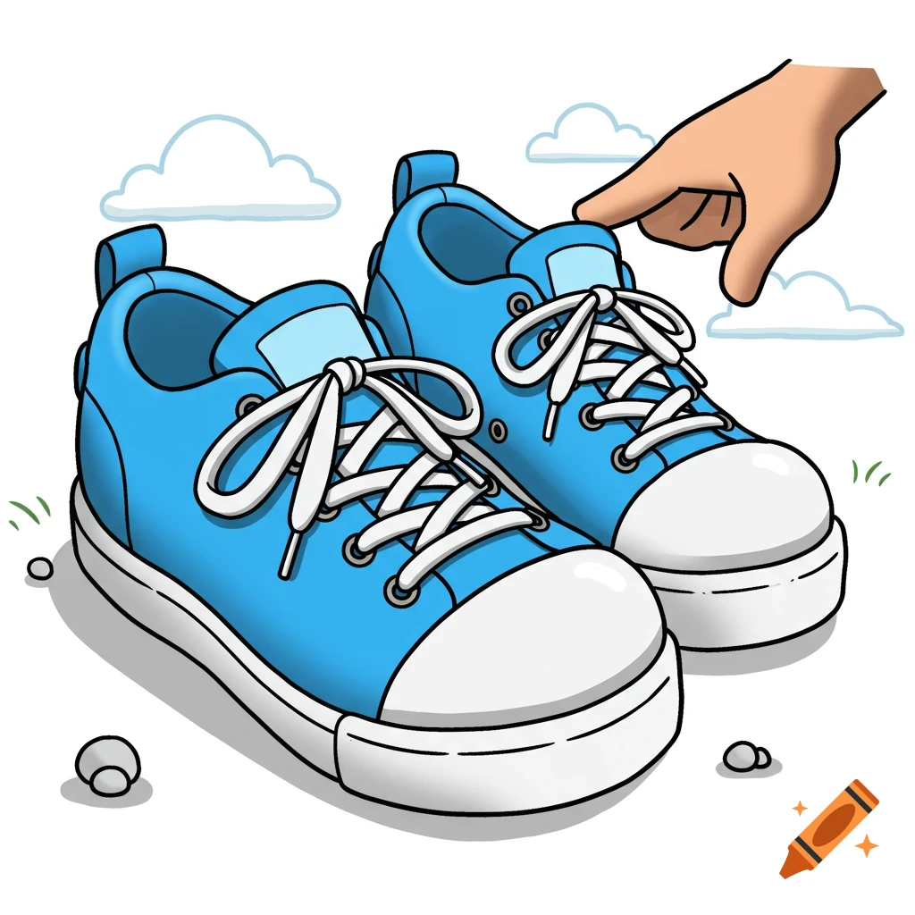 Cartoon blue tennis shoes with white laces, a hand pointing at one, and small clouds with pebbles on a white background.
