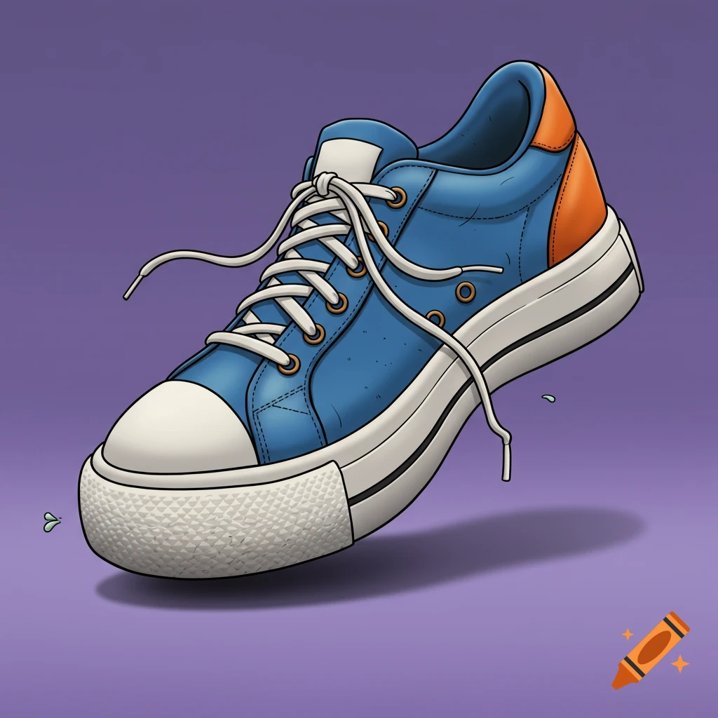 A blue and orange cartoon tennis shoe with white laces and a thick white sole floats against a purple background.