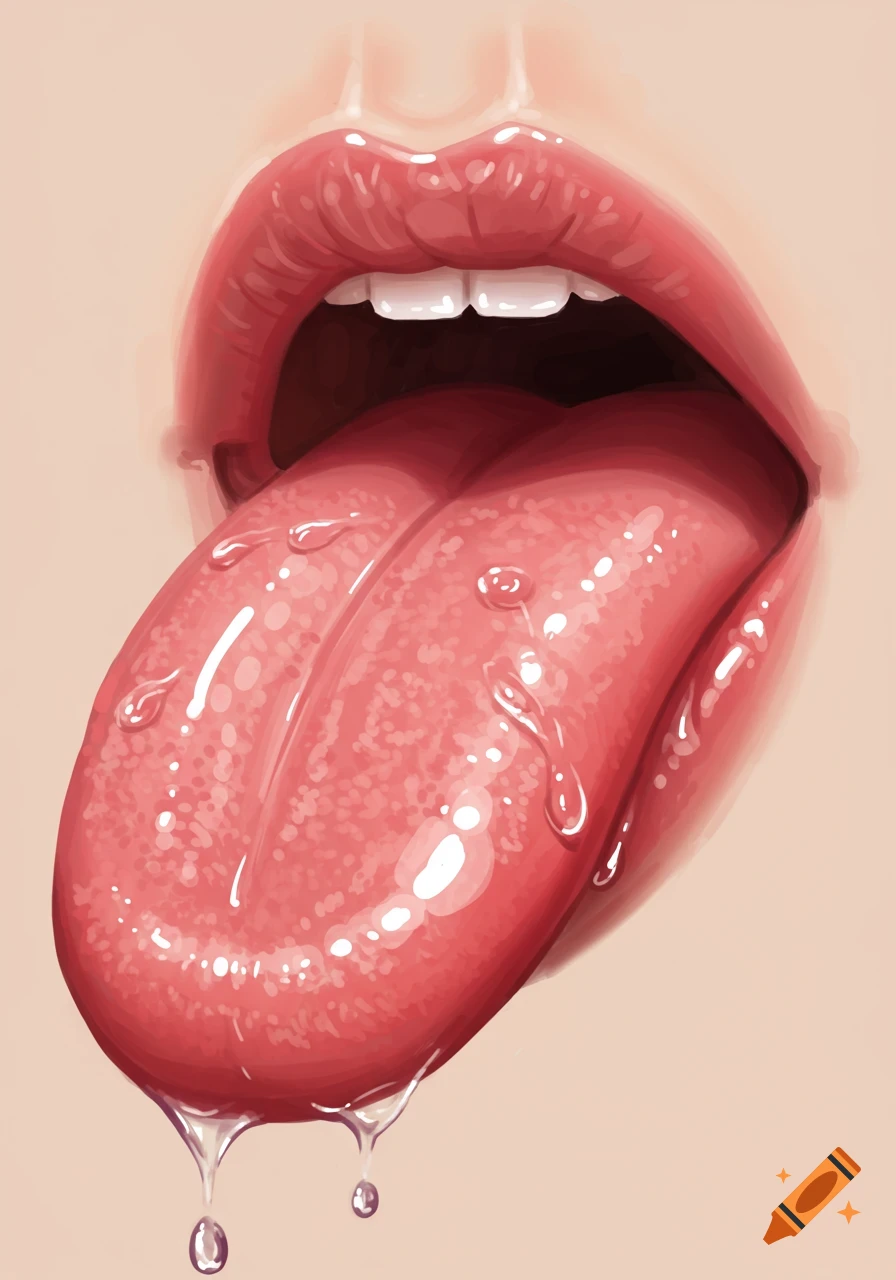 Close-up illustration of a wet, red tongue sticking out from a mouth with shiny lips and white teeth, with droplets of liquid dripping from it.
