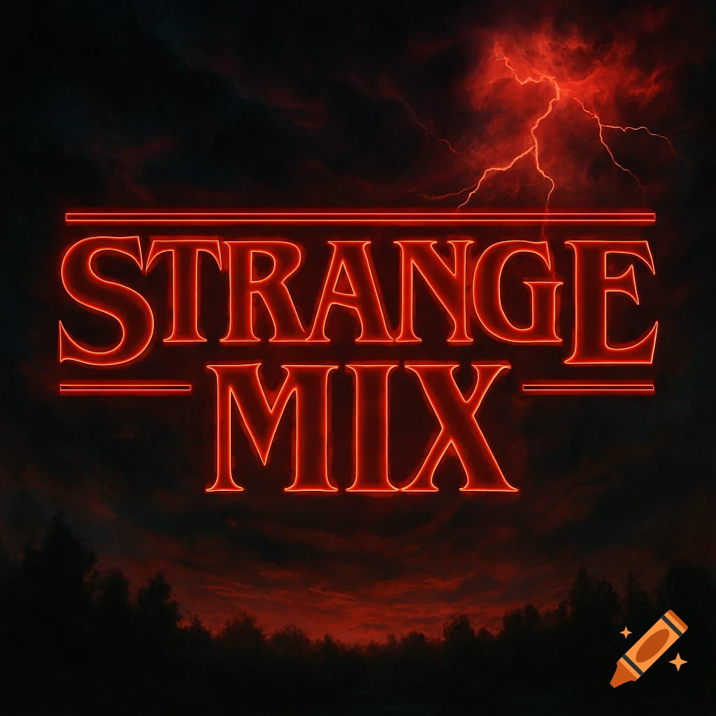 Red neon-style text reading "STRANGE MIX" against a dark, stormy sky with red lightning and a silhouetted forest line below.