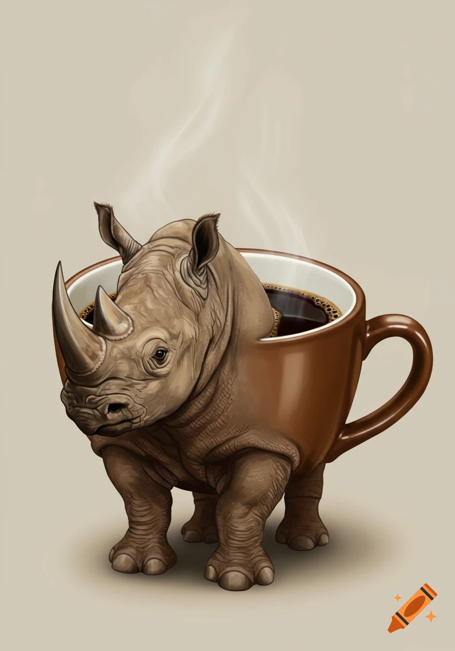 A brown rhino with its body shaped like a coffee cup filled with steaming coffee.
