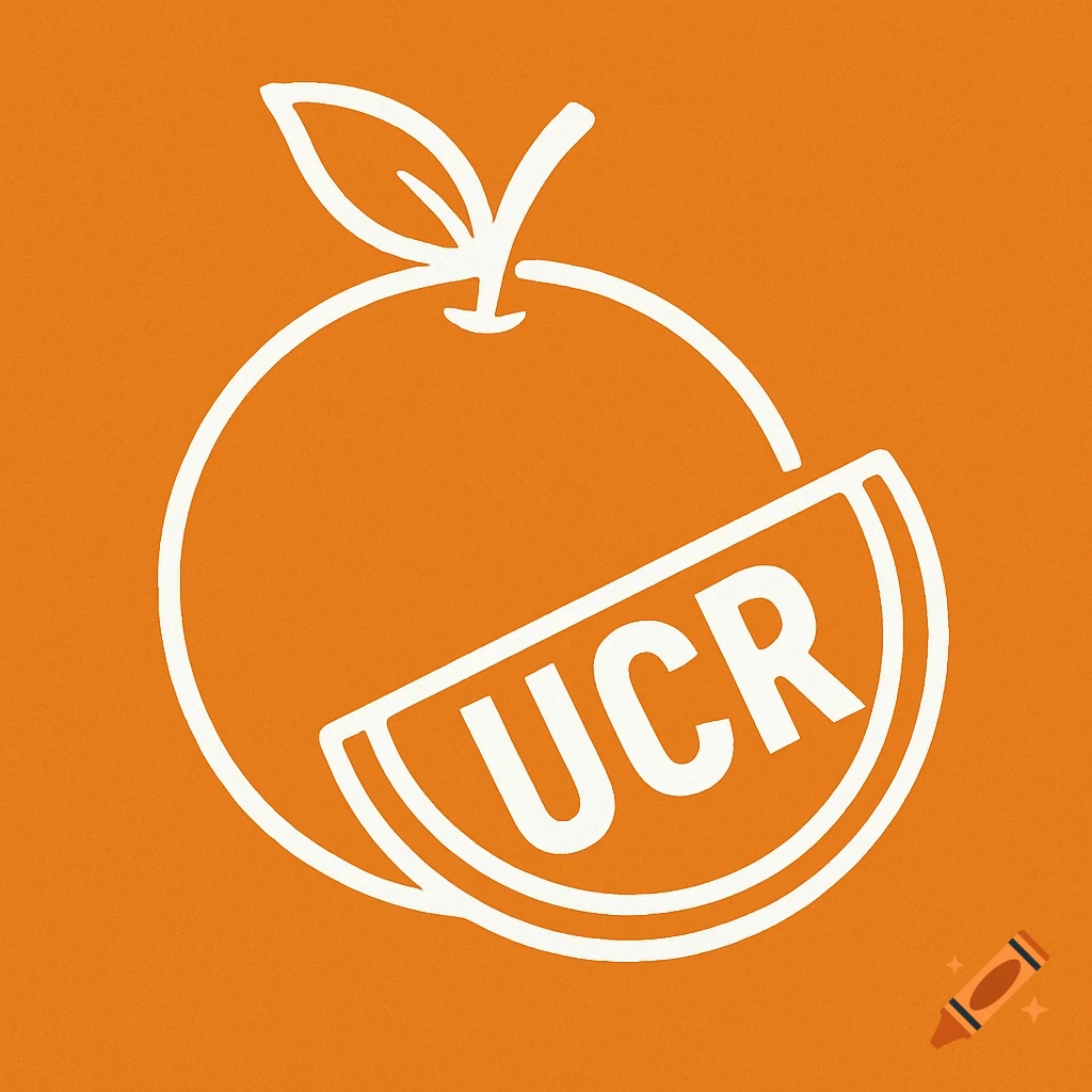 White outline of an orange with a slice containing the letters UCR on an orange background.