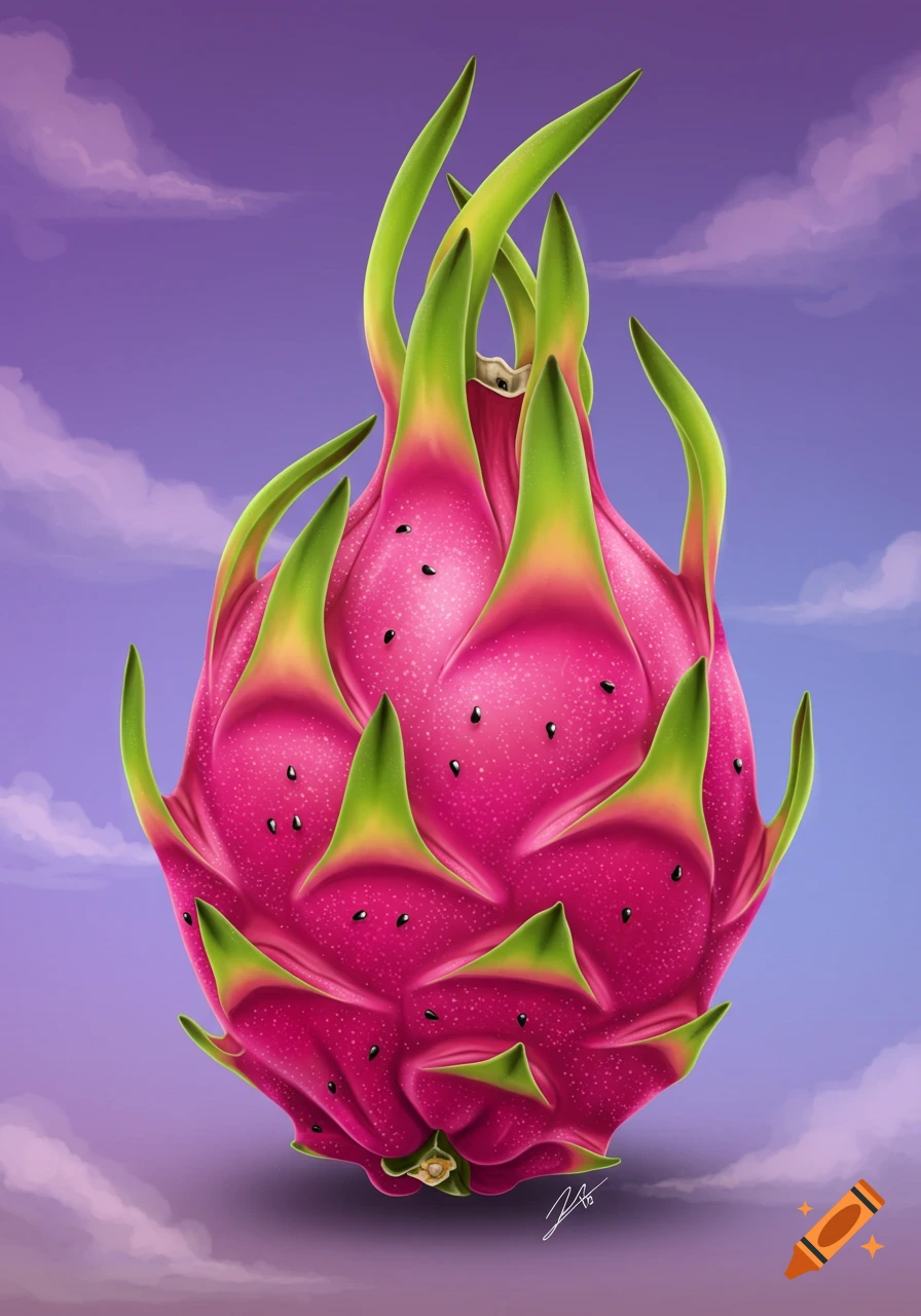 Vibrant illustration of a pink and green dragon fruit against a purple sky with clouds.