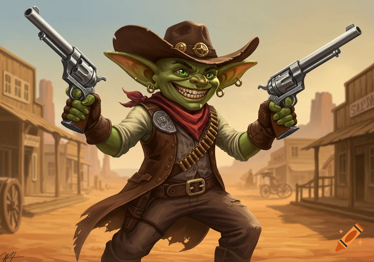 A cartoon goblin in a cowboy hat and outfit holds two revolvers in a wild west town.