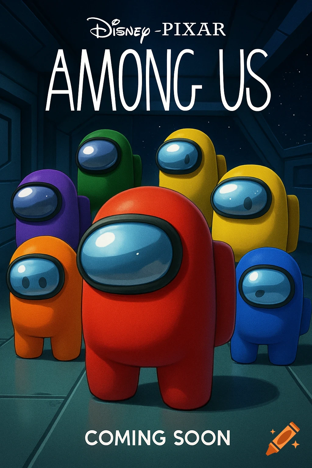 A colorful Disney-Pixar style movie poster for Among Us, featuring multiple crewmates on a spaceship, with 'AMONG US' and 'COMING SOON' text.