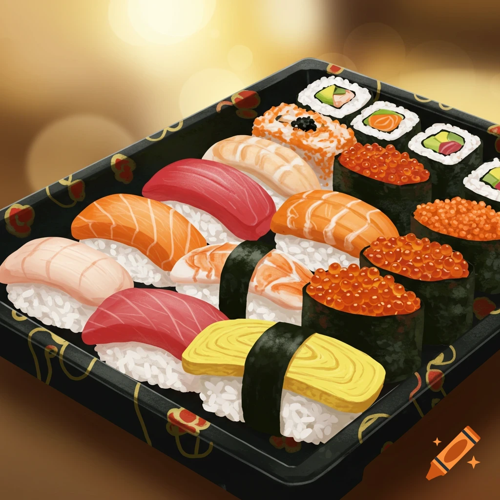 A black tray filled with a variety of sushi, including salmon, tuna, shrimp, and tamago nigiri, alongside maki rolls with roe.