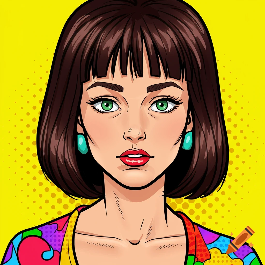 Pop art portrait of a woman with short brown hair and green eyes against a yellow background.