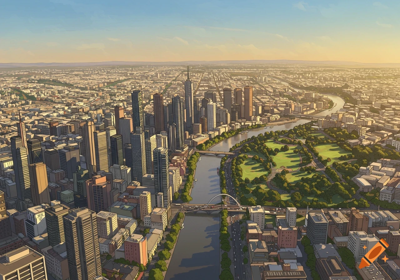 Elevated view of a stylized city along a river with a park, under a sunny sky.