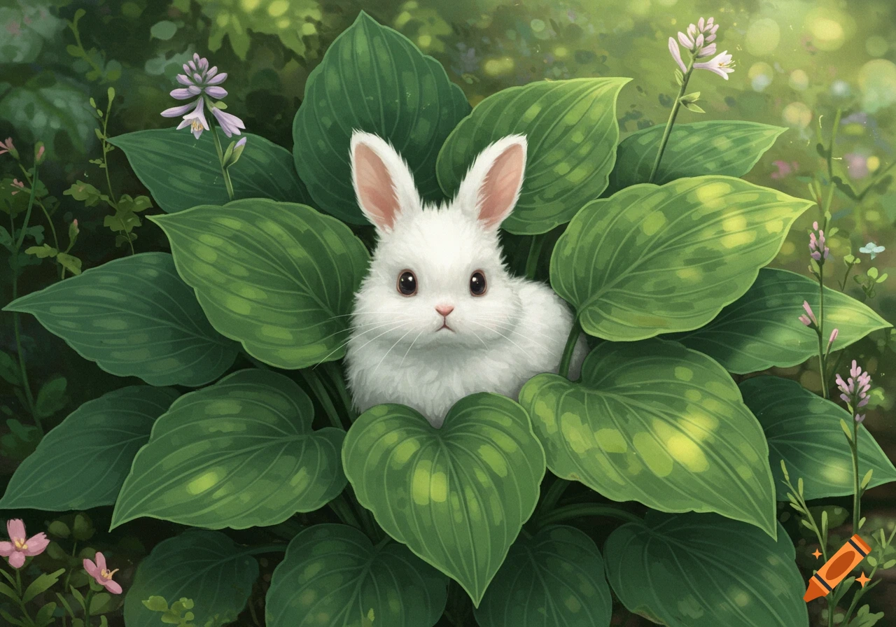 A white bunny peeks out from lush green hosta leaves in a cottagecore-style illustration.