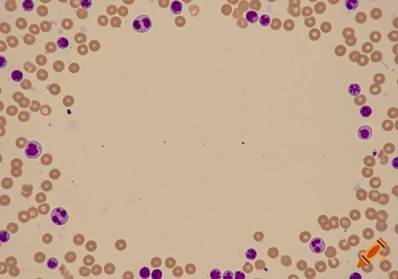 Microscopic view of a canine blood smear showing various blood cells, including red blood cells and different white blood cells, bordering a clear central area.