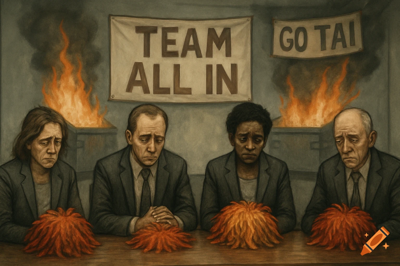 Four sad people in suits sit at a table with orange pom-poms, under banners reading 'TEAM ALL IN' and 'GO TAI', with burning dumpsters behind them, in a dark painting style.