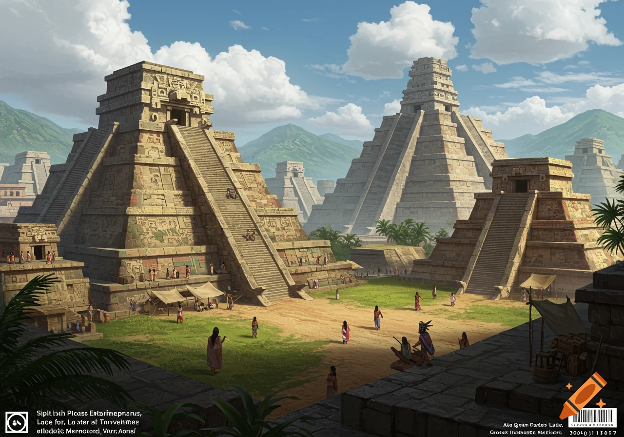 An expansive view of an ancient city with several large stone pyramids and temples under a blue sky, with many people gathered in a central plaza.