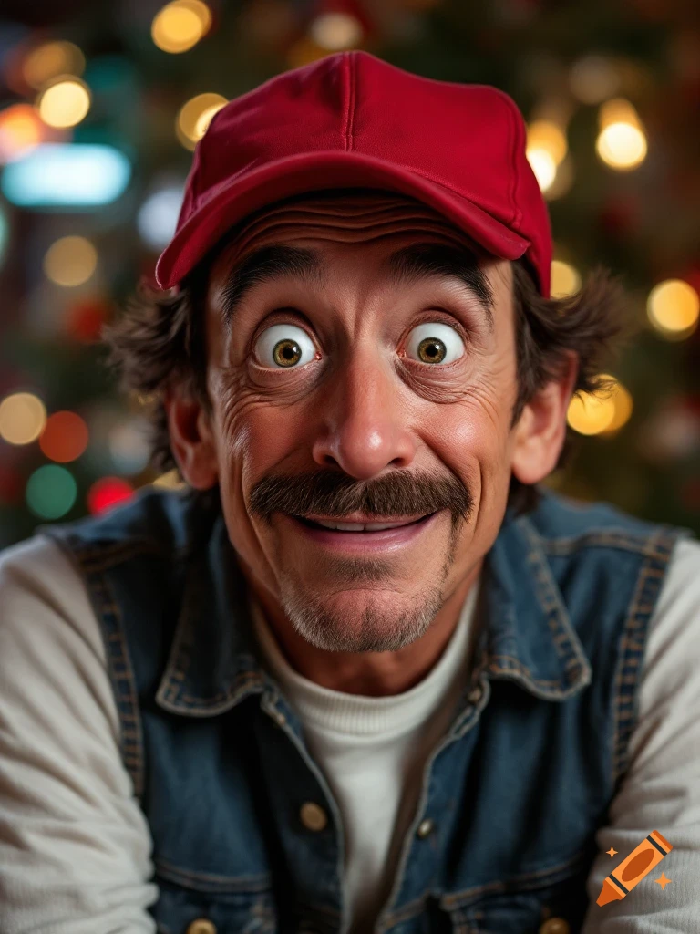 Close-up portrait of a man with wide eyes, a mustache, and a red baseball cap, smiling with an exaggerated expression against a blurred background of Christmas lights.