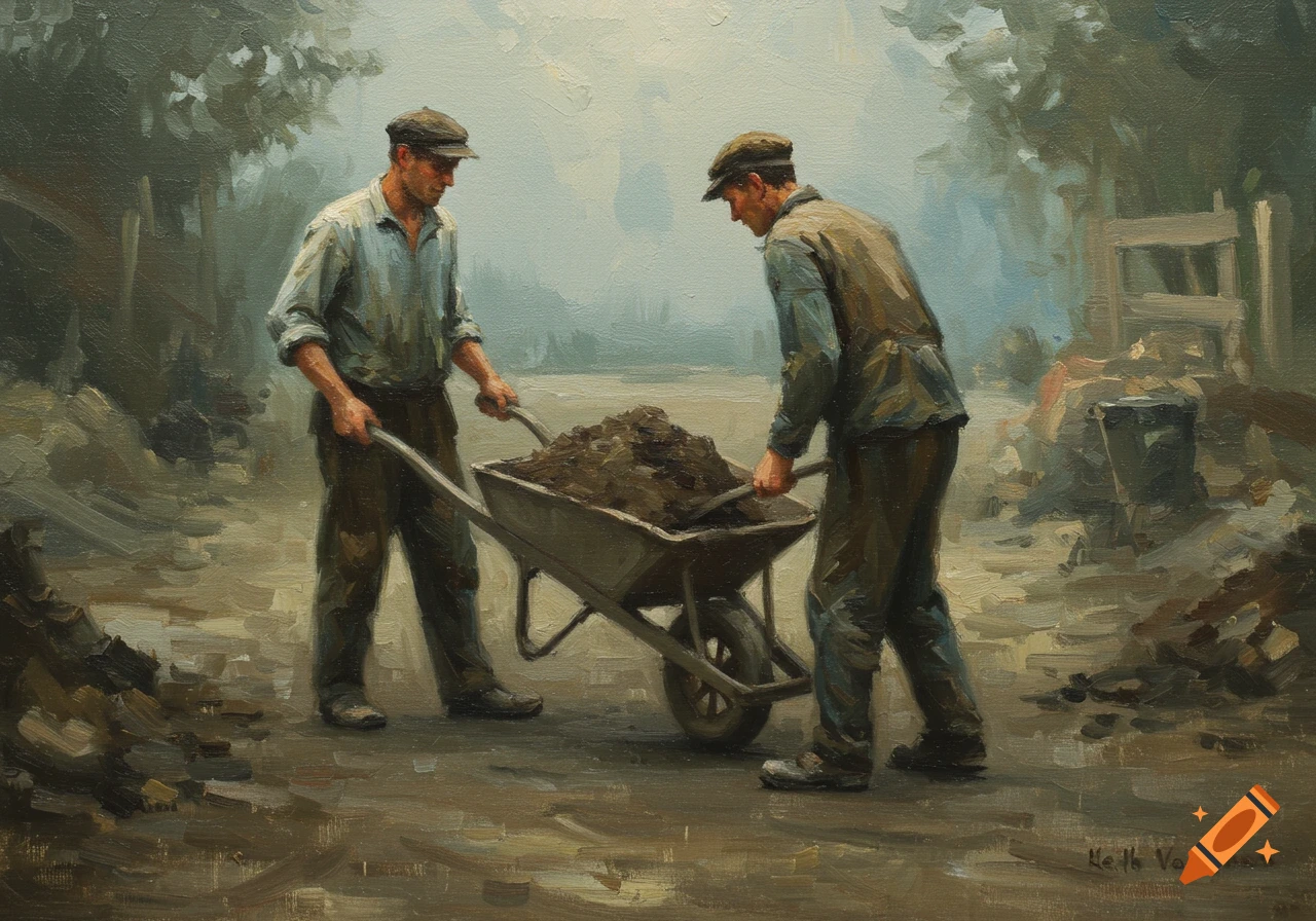 Two men wearing work clothes push a wheelbarrow full of dirt, depicted in an oil painting style.