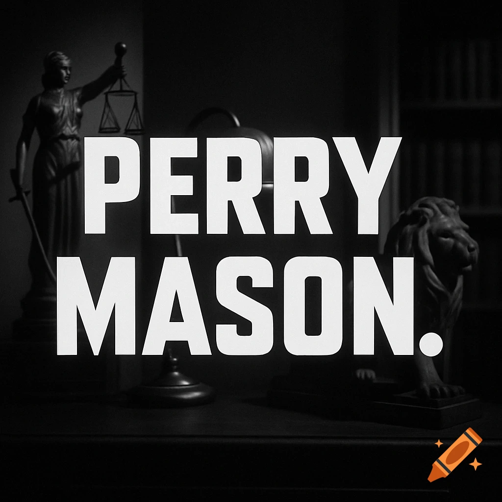 Black and white title card for Perry Mason, featuring the show's name in bold white text, with blurry statues of Lady Justice and a lion in the background.