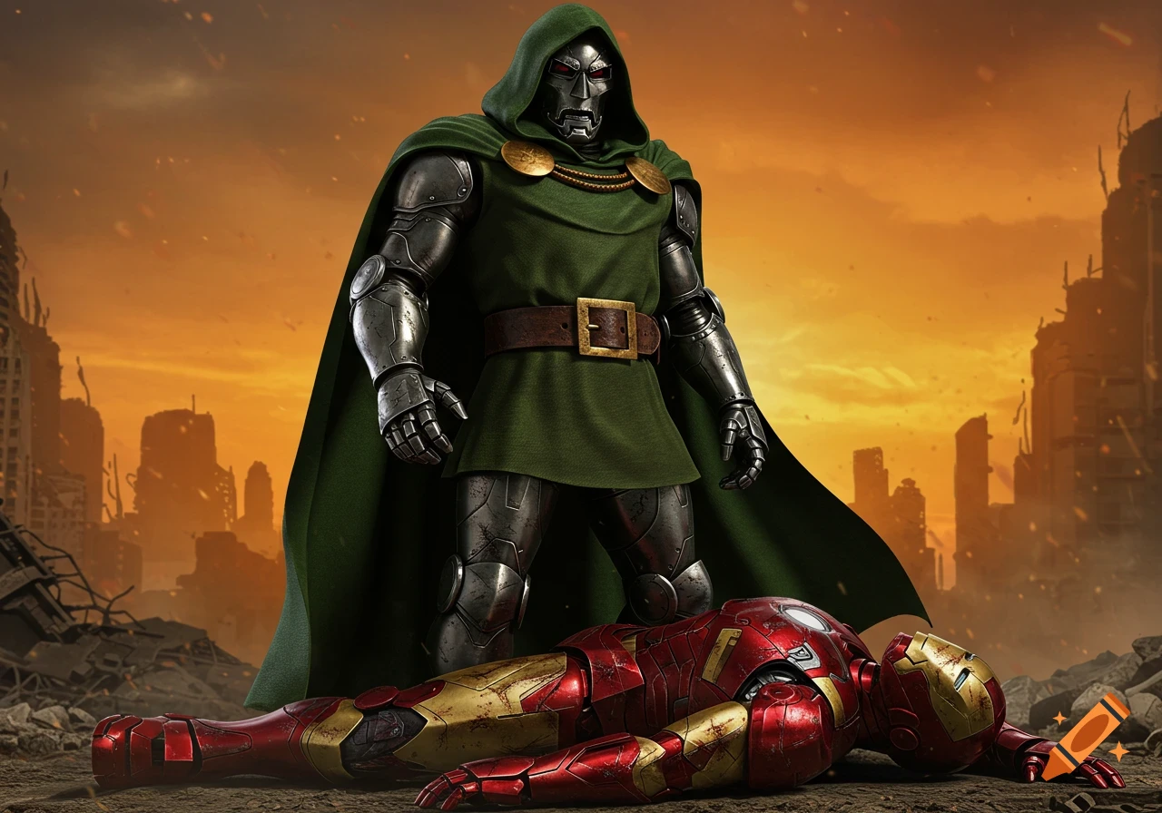 Dr. Doom stands over a defeated Iron Man in a ruined city.