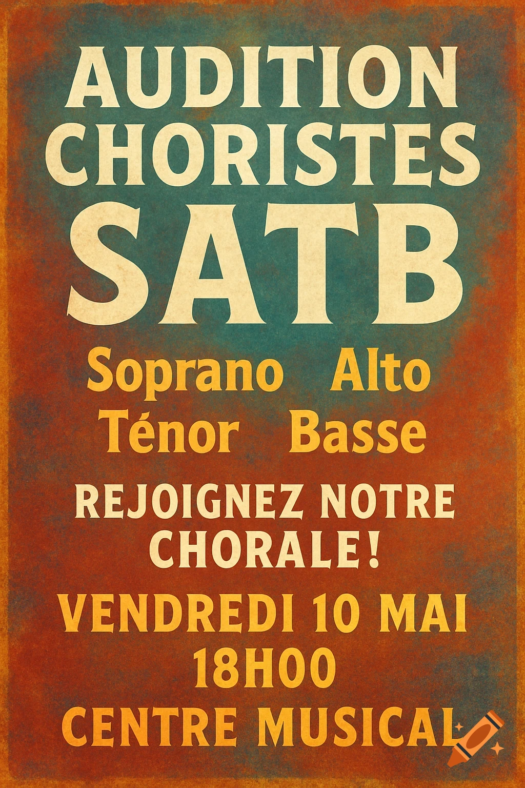 Vintage-style audition poster for a choir, featuring bold French text 'AUDITION CHORISTES SATB' and event details on a distressed teal and orange background.