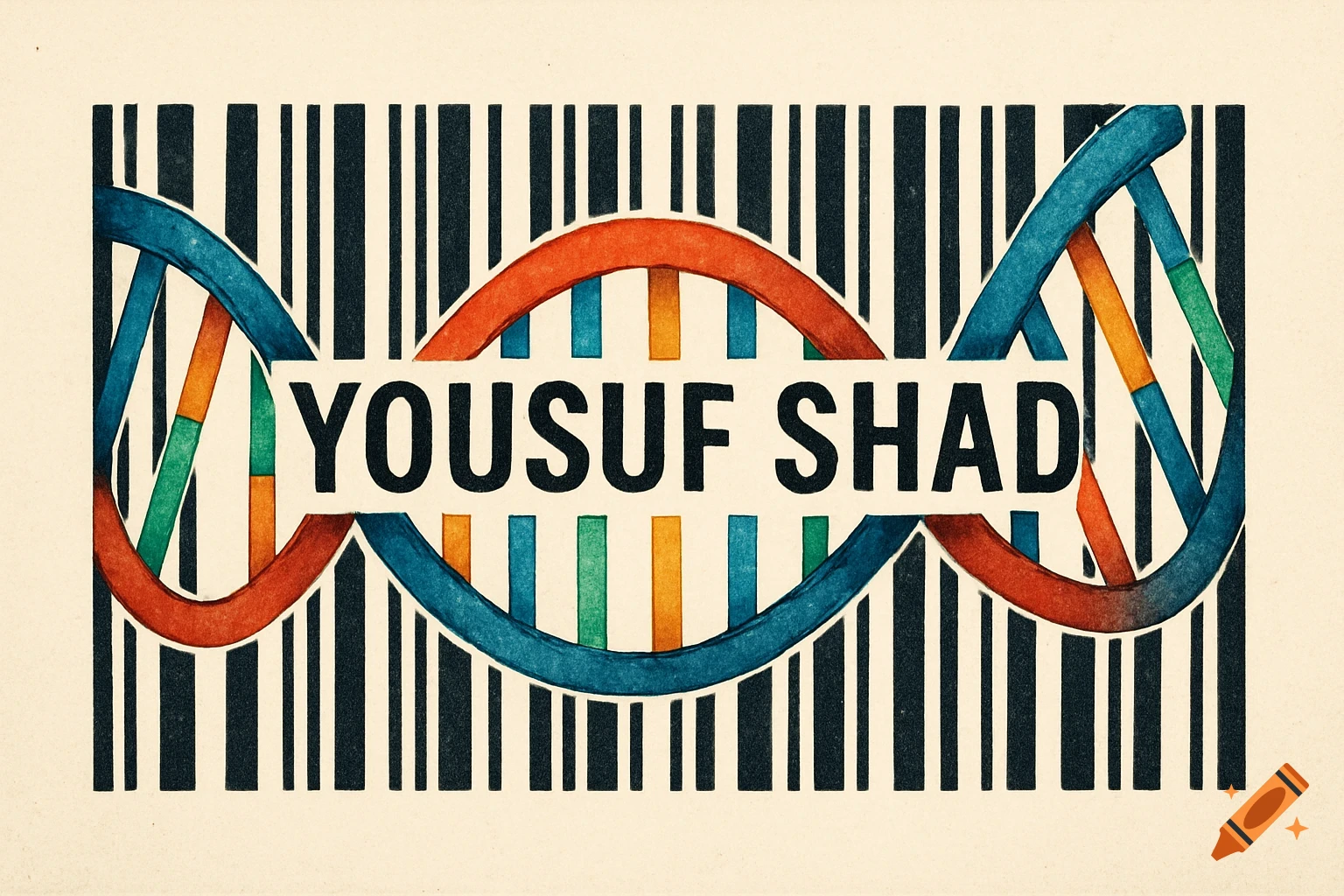 A watercolor illustration of a DNA helix intertwined with a barcode pattern, with the name 'YOUSUF SHAD' in bold text across the center.