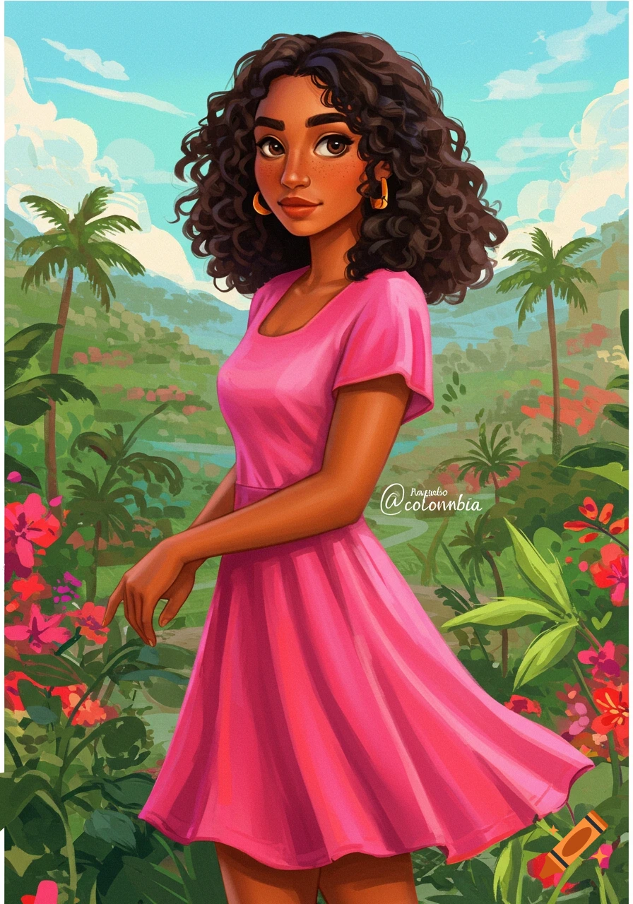 An illustrated portrait of a young woman with curly dark hair and a pink dress in a tropical garden with palm trees and flowers.