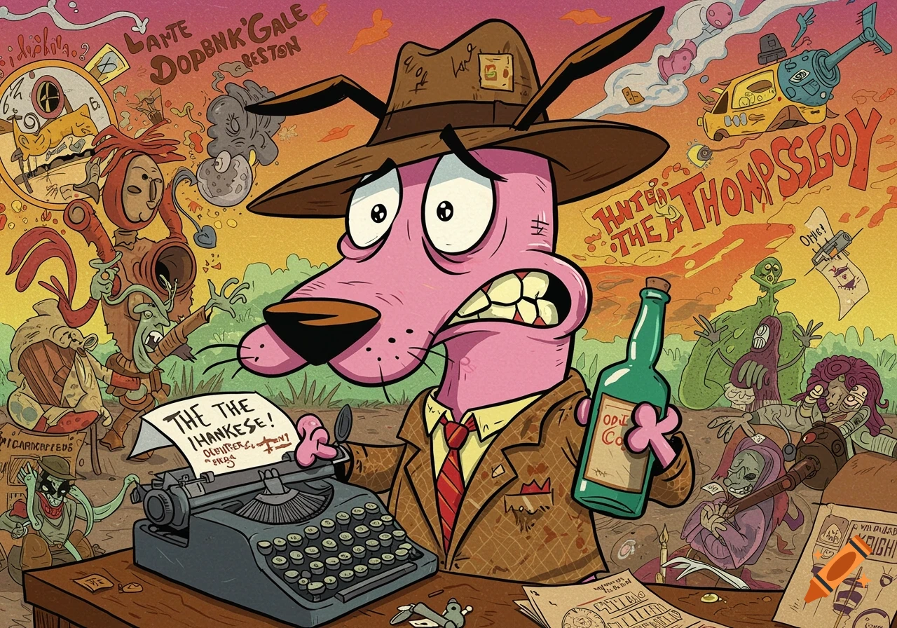 Courage the Cowardly Dog styled as Hunter S. Thompson sits at a typewriter with a bottle, surrounded by bizarre characters in a chaotic illustration.