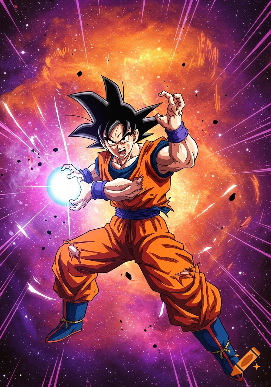 Goku in action pose with energy ball against a galaxy background, anime style.
