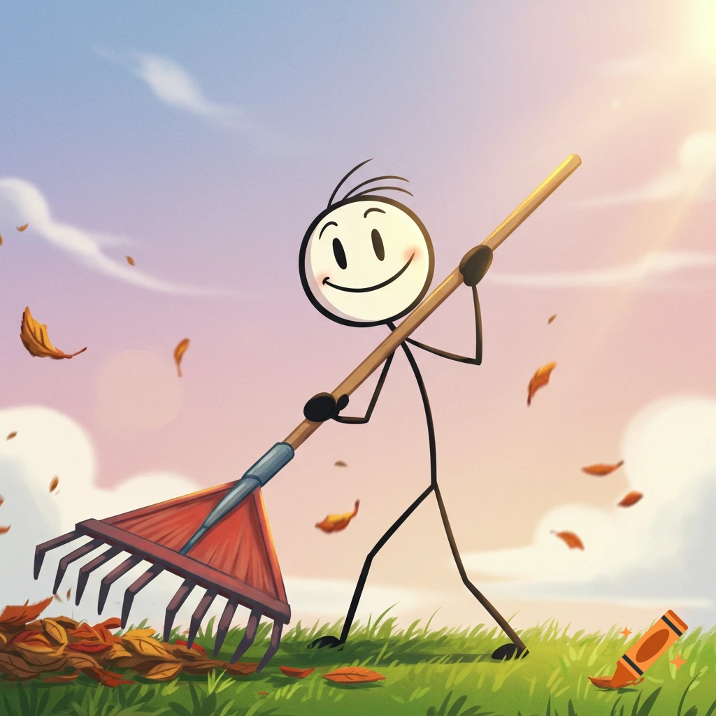 A cartoon stick figure rakes autumn leaves.