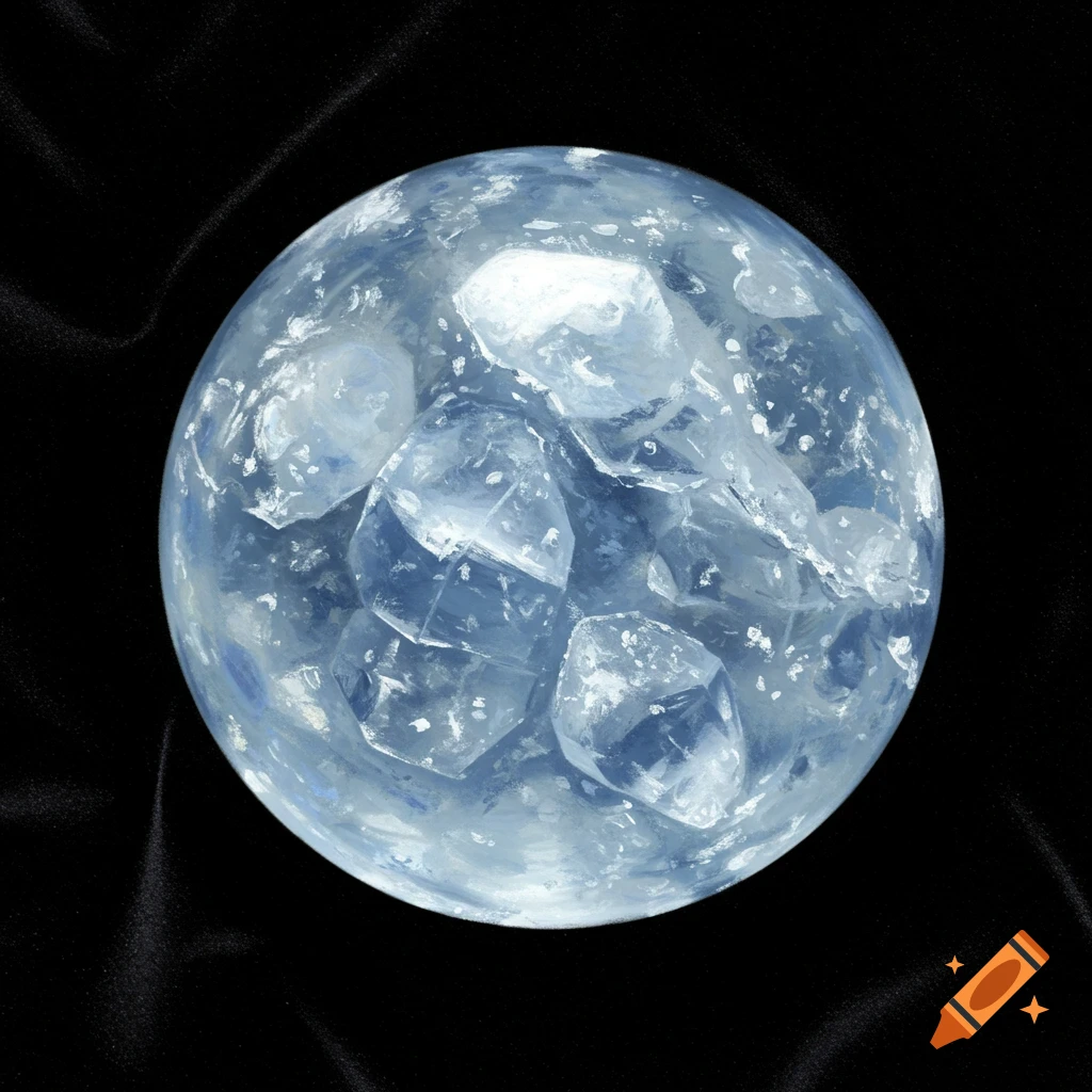 A realistic orb filled with clear, icy crystals, set against a dark, fabric-like background.